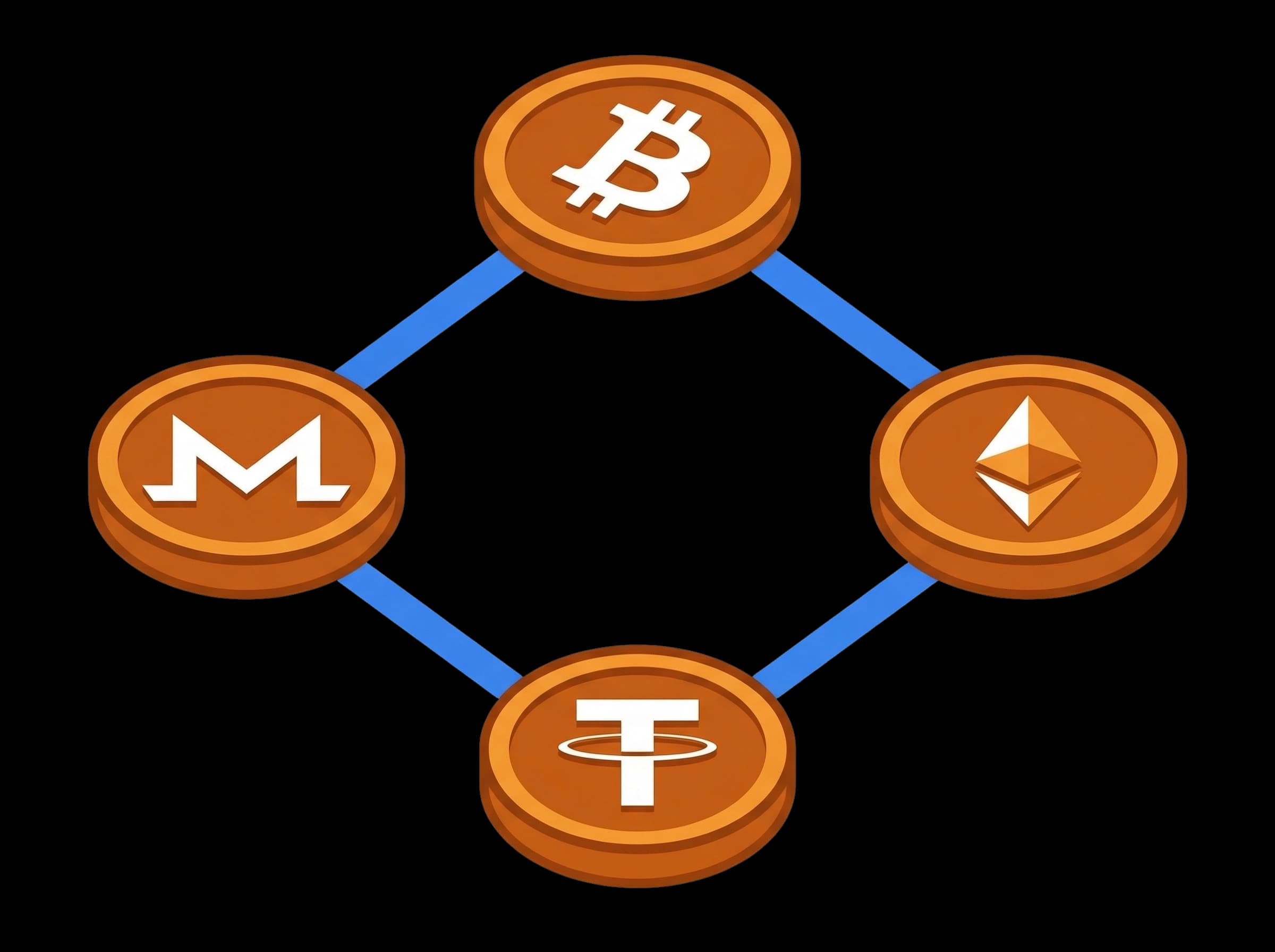 Bitcoin, Ethereum, USDT, and Monero cryptocurrency coins
