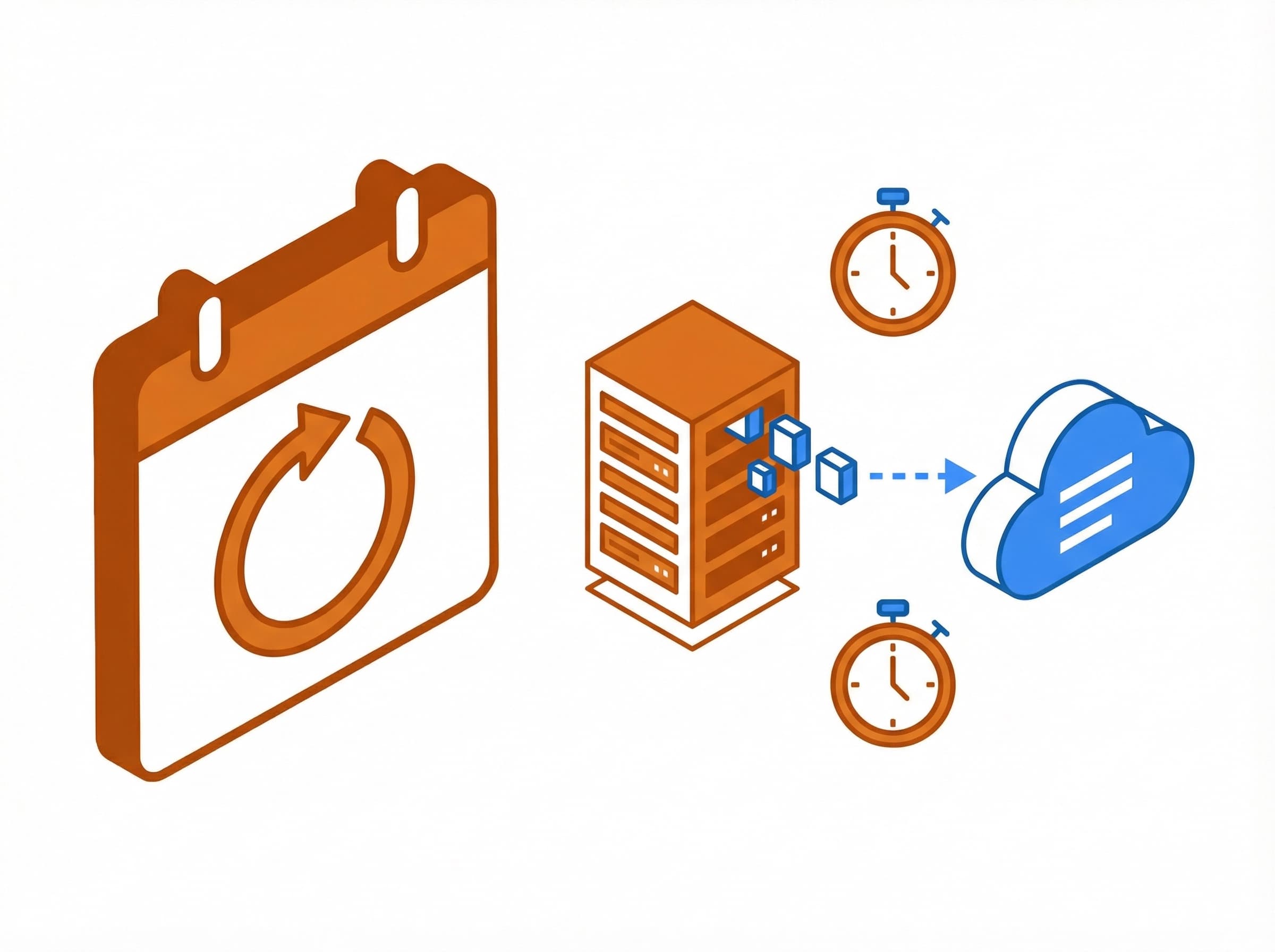 Illustratie van geautomatiseerd dagelijks back-upproces met kalender en cloudopslag