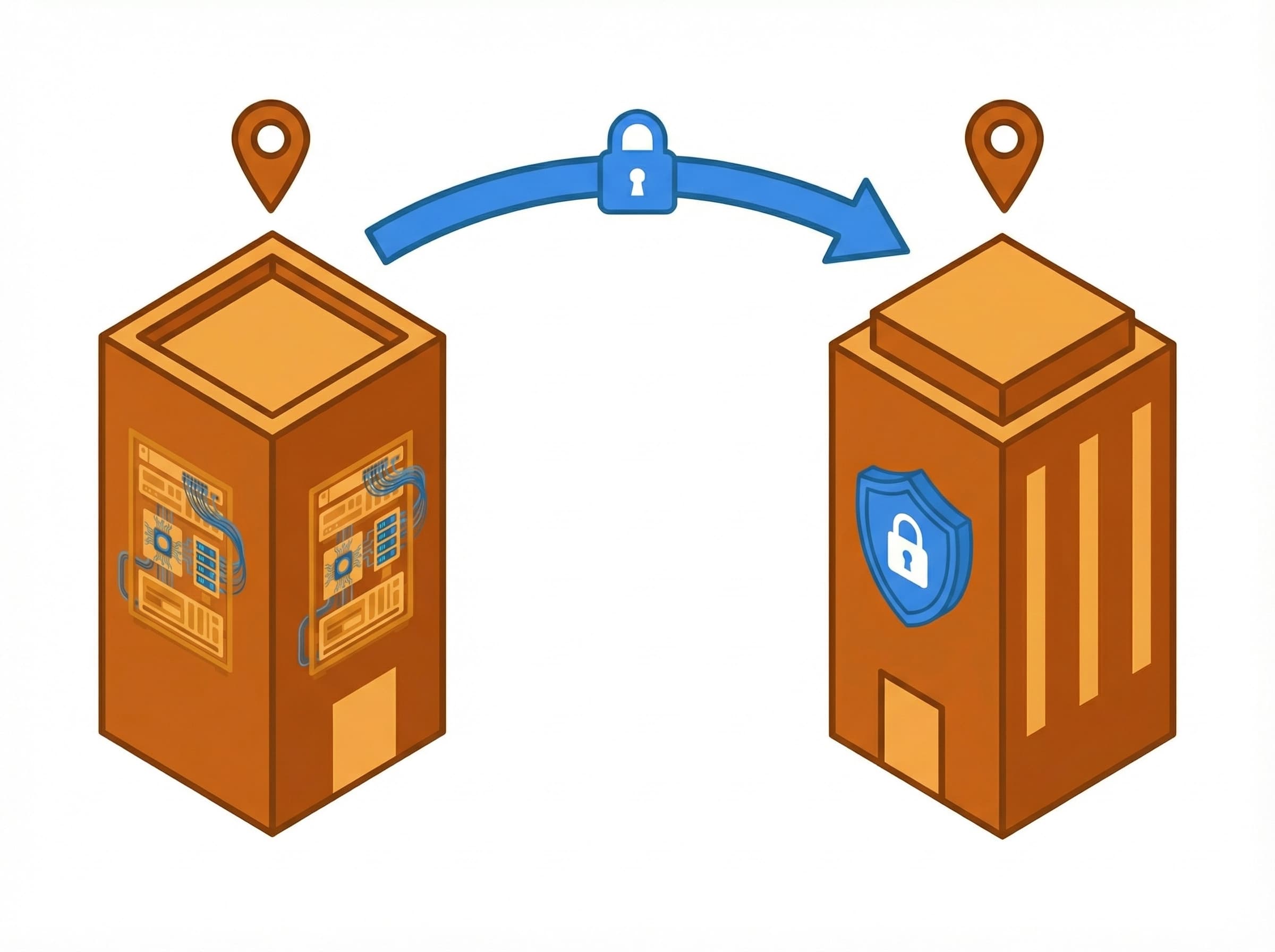 Illustratie van twee aparte datacenters verbonden door beveiligde back-upoverdracht