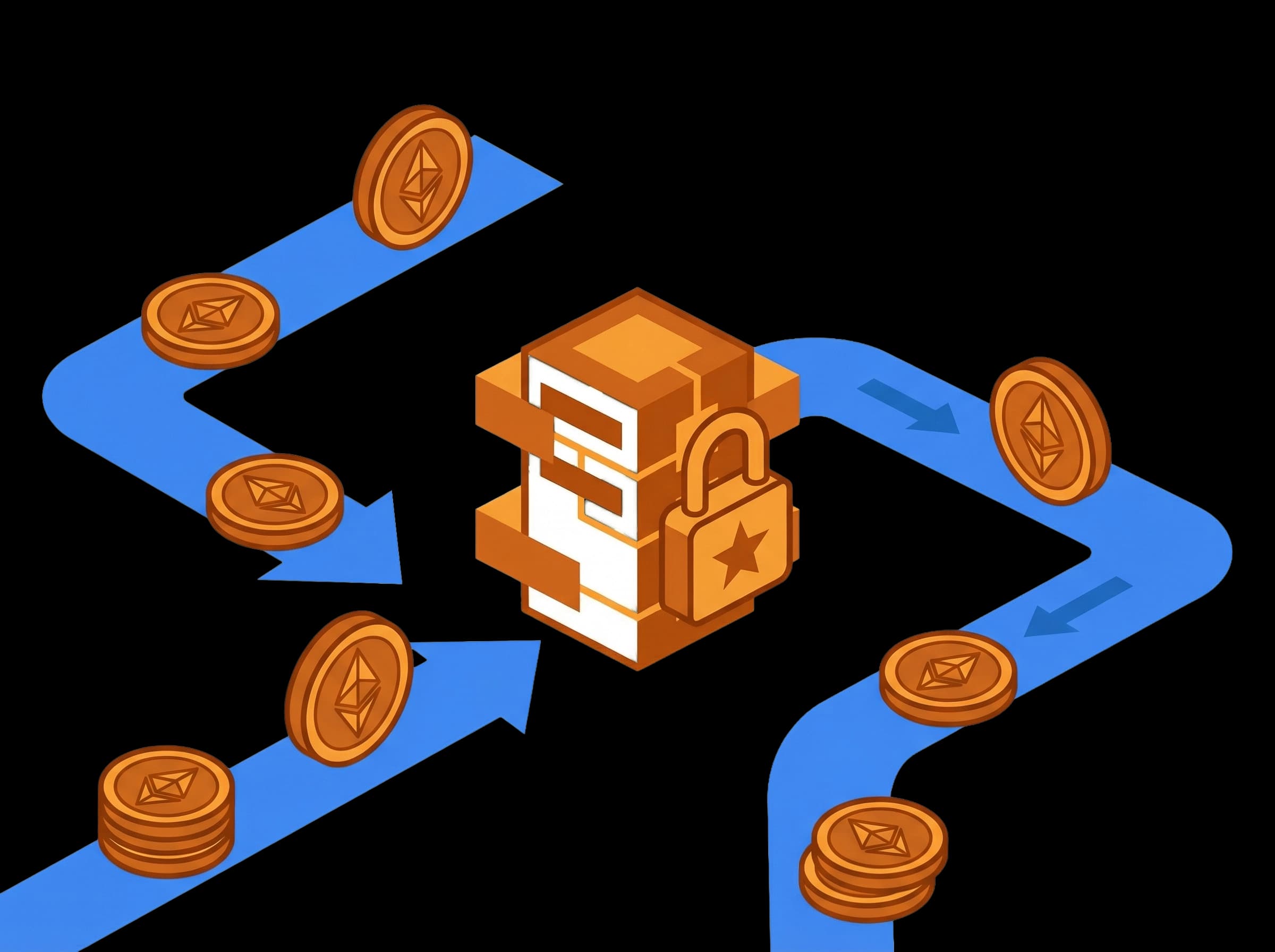 Cryptocurrency coins representing Bitcoin, Ethereum, and Monero payments