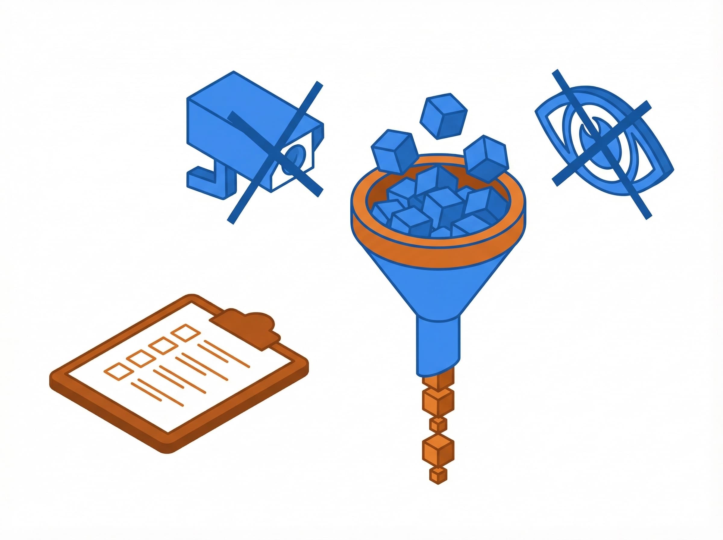 Illustration minimaler Datenerfassung mit einer kleinen Checkliste und einem durchgestrichenen Überwachungssymbol
