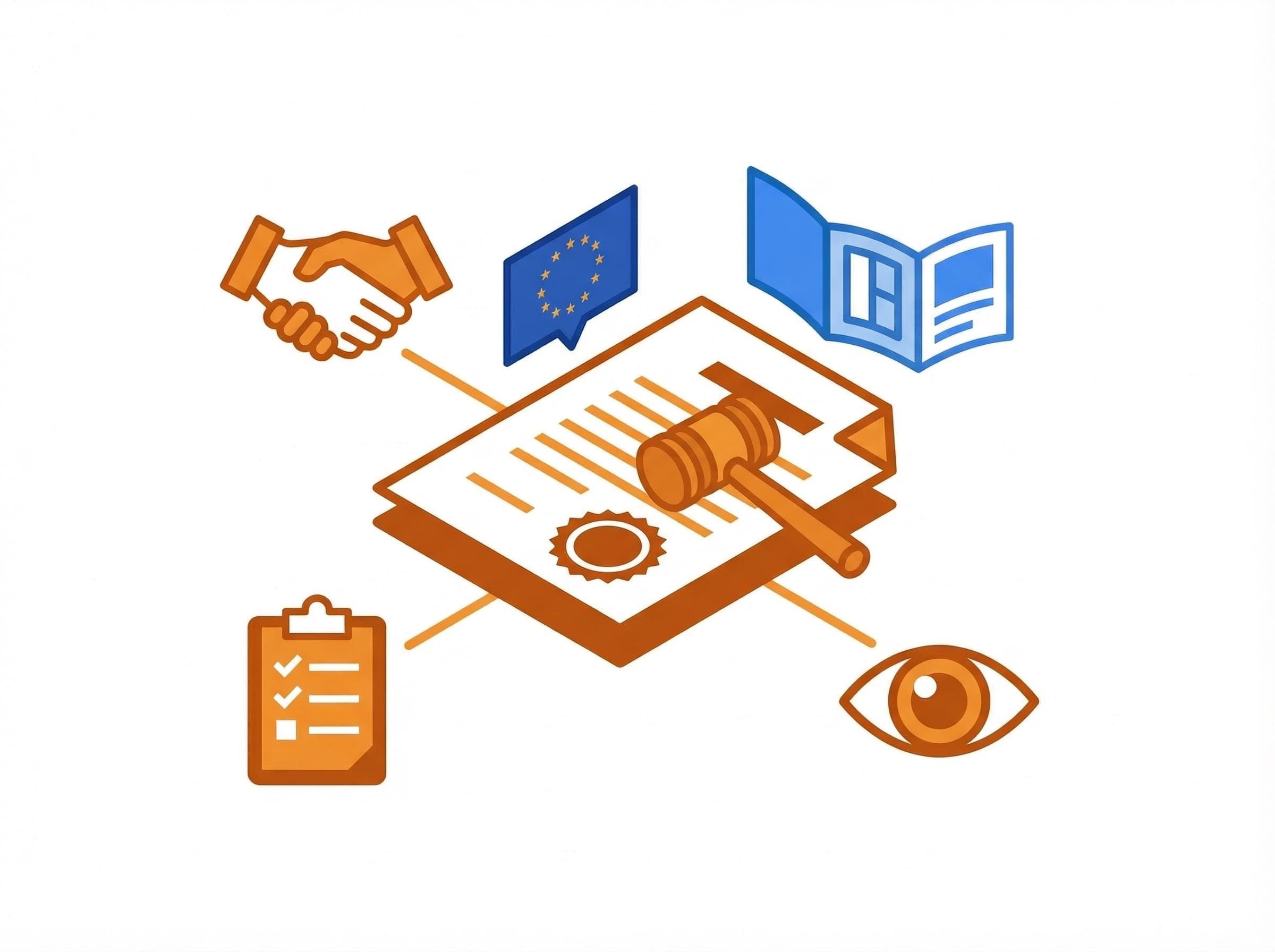 Illustration eines Rechtsrahmens mit Dokumenten, einem Richterhammer und der EU-Flagge