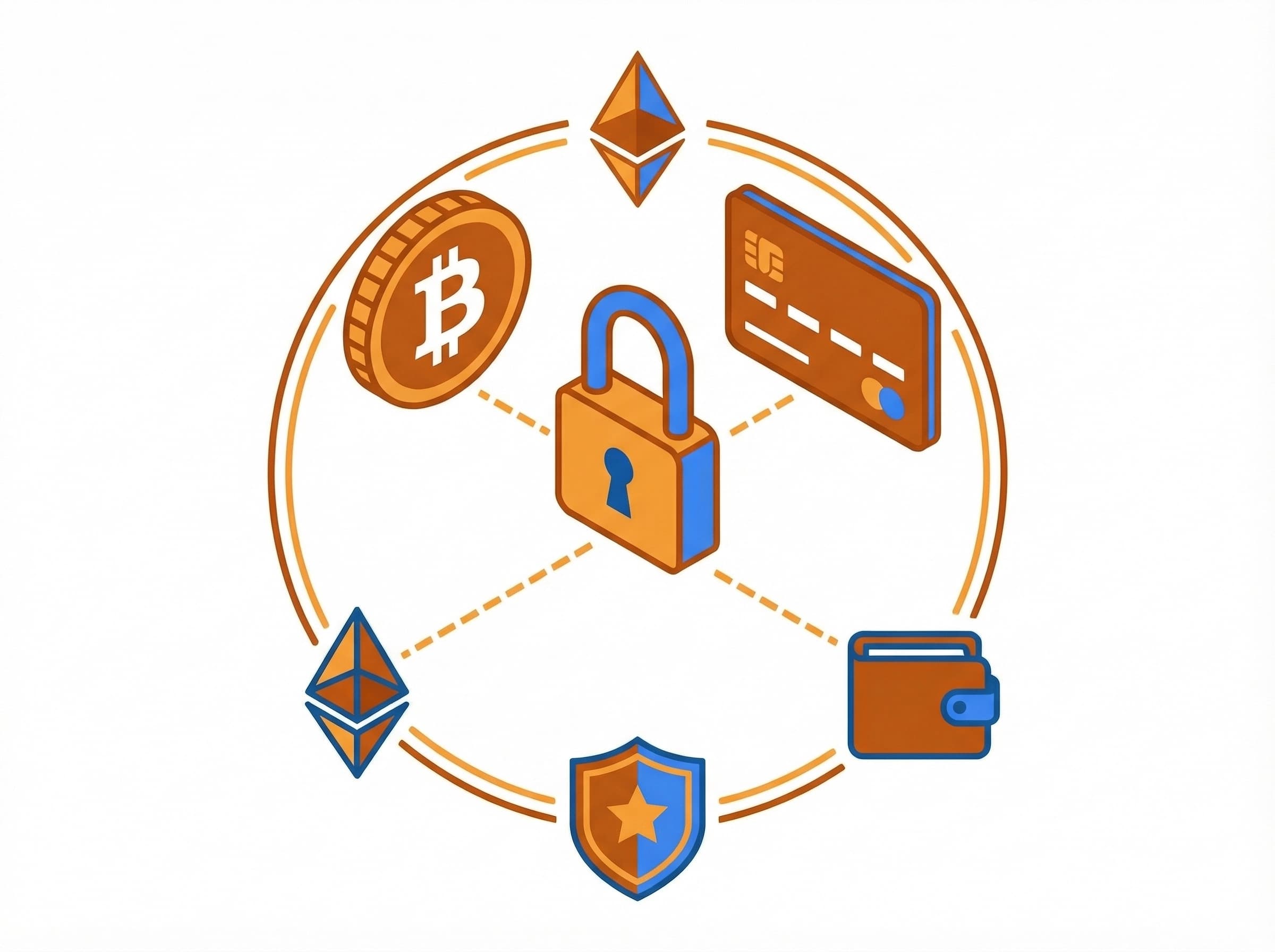 Illustration privater Krypto- und traditioneller Zahlungsmethoden mit einem Schloss-Symbol