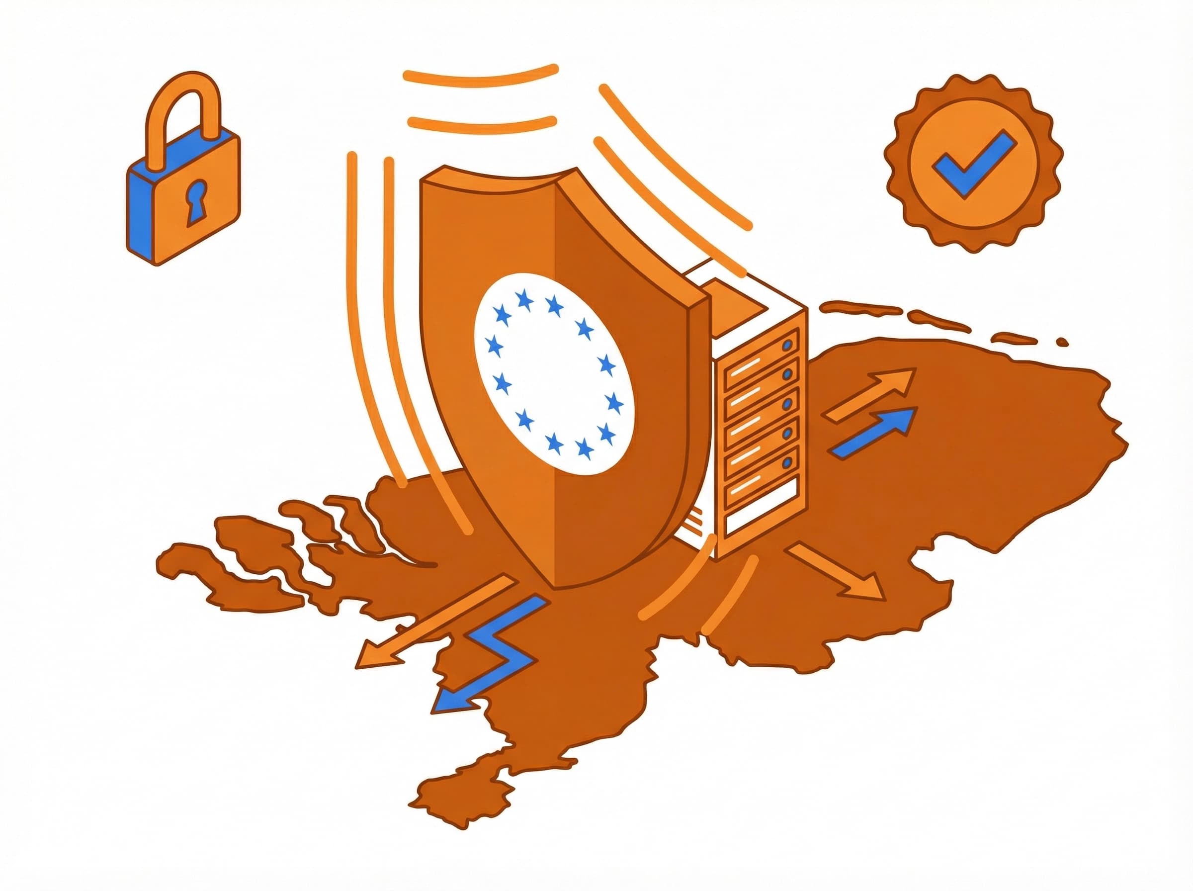 Illustration der EU-Datensouveränität mit einem Schild, das einen Server in den Niederlanden schützt