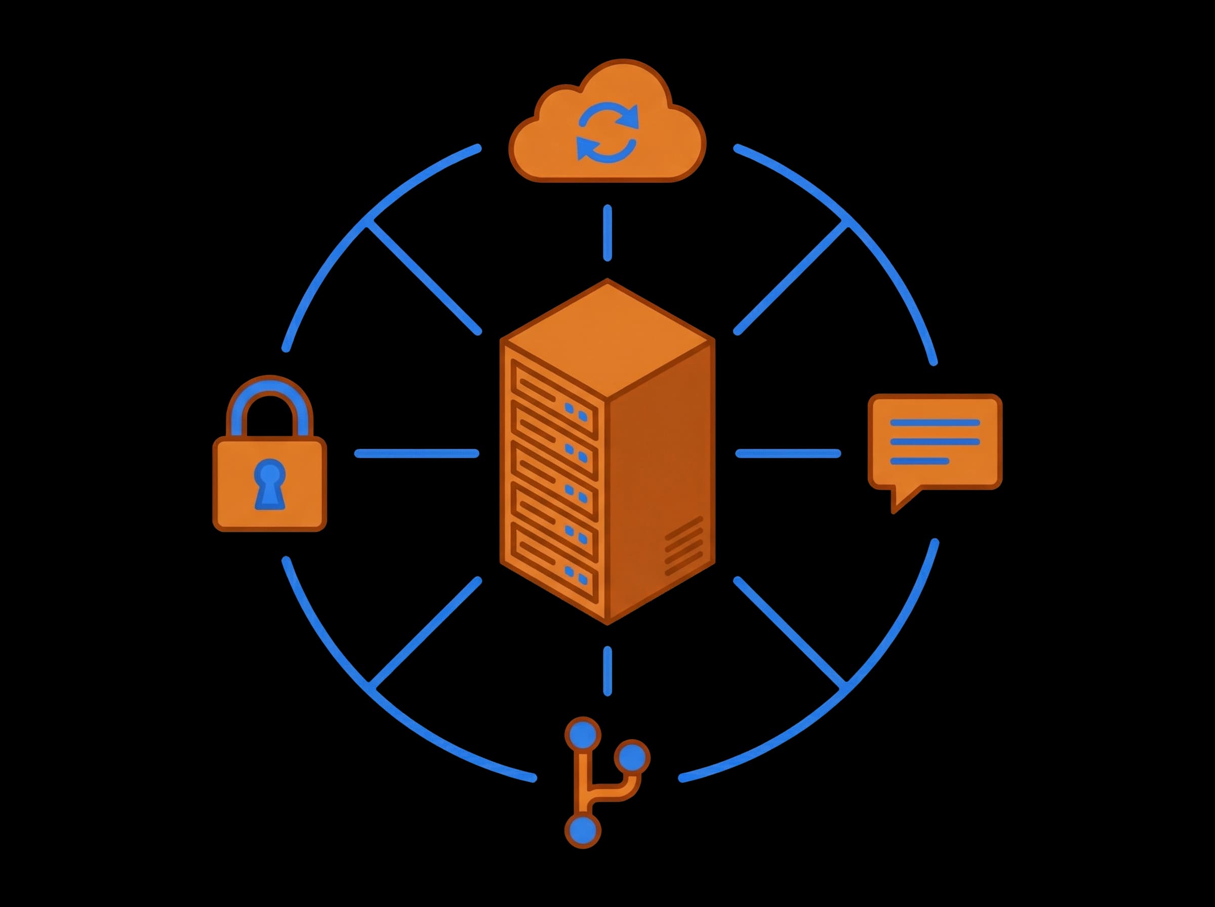 Vlakke vectorillustratie van diverse zelfgehoste applicatie-iconen verbonden met een centrale server