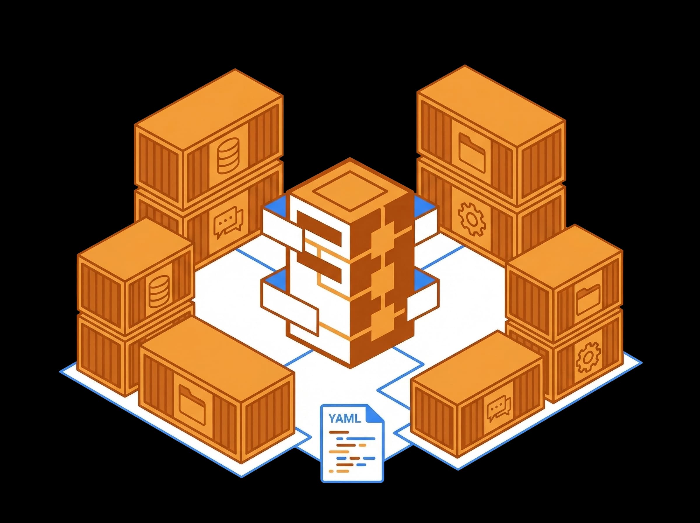 Vlakke vectorillustratie van Docker-containers en een serverstack met verbonden diensten