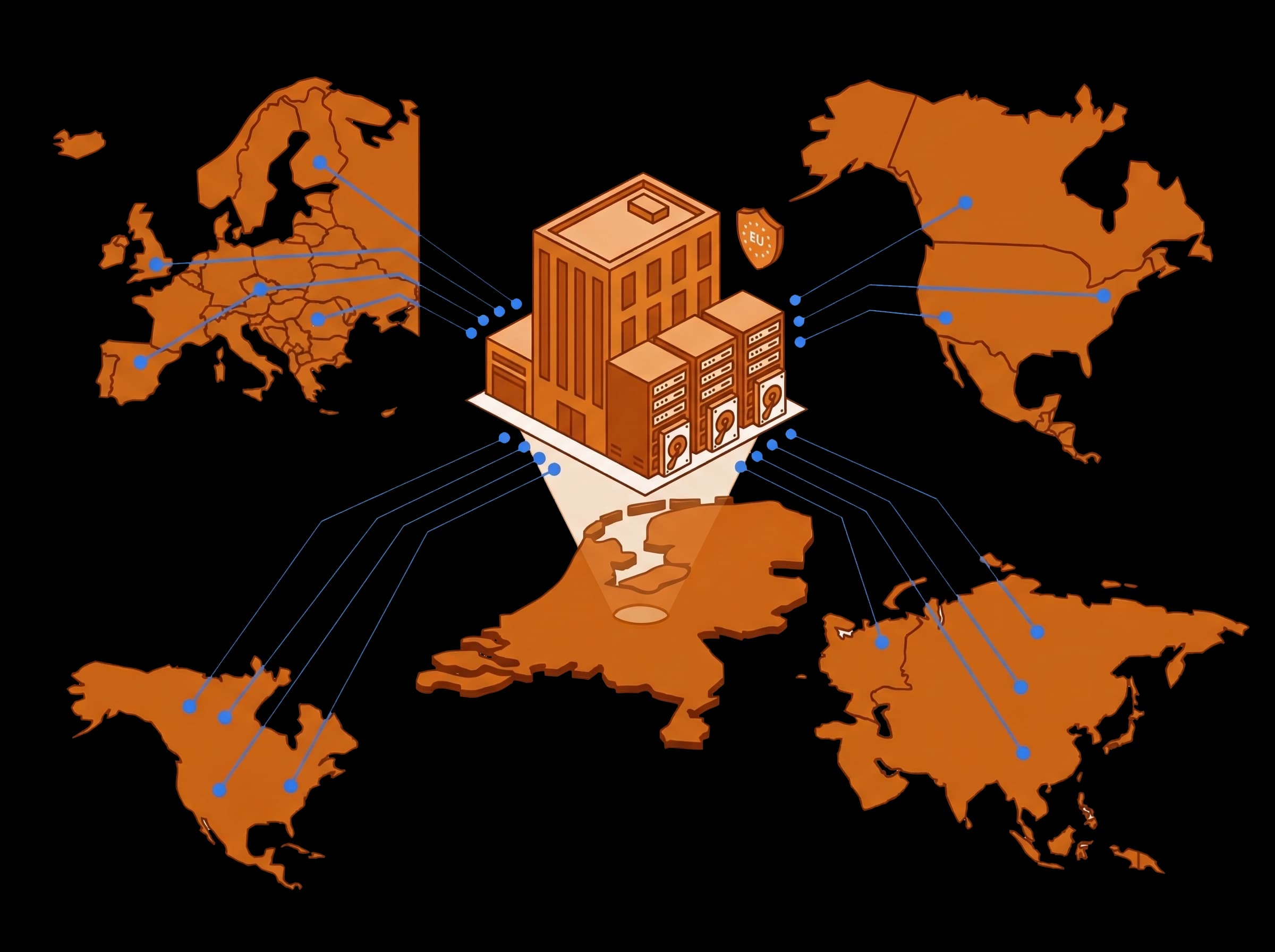 Vlakke vectorillustratie van Amsterdam-datacenterinfrastructuur met netwerkverbindingen