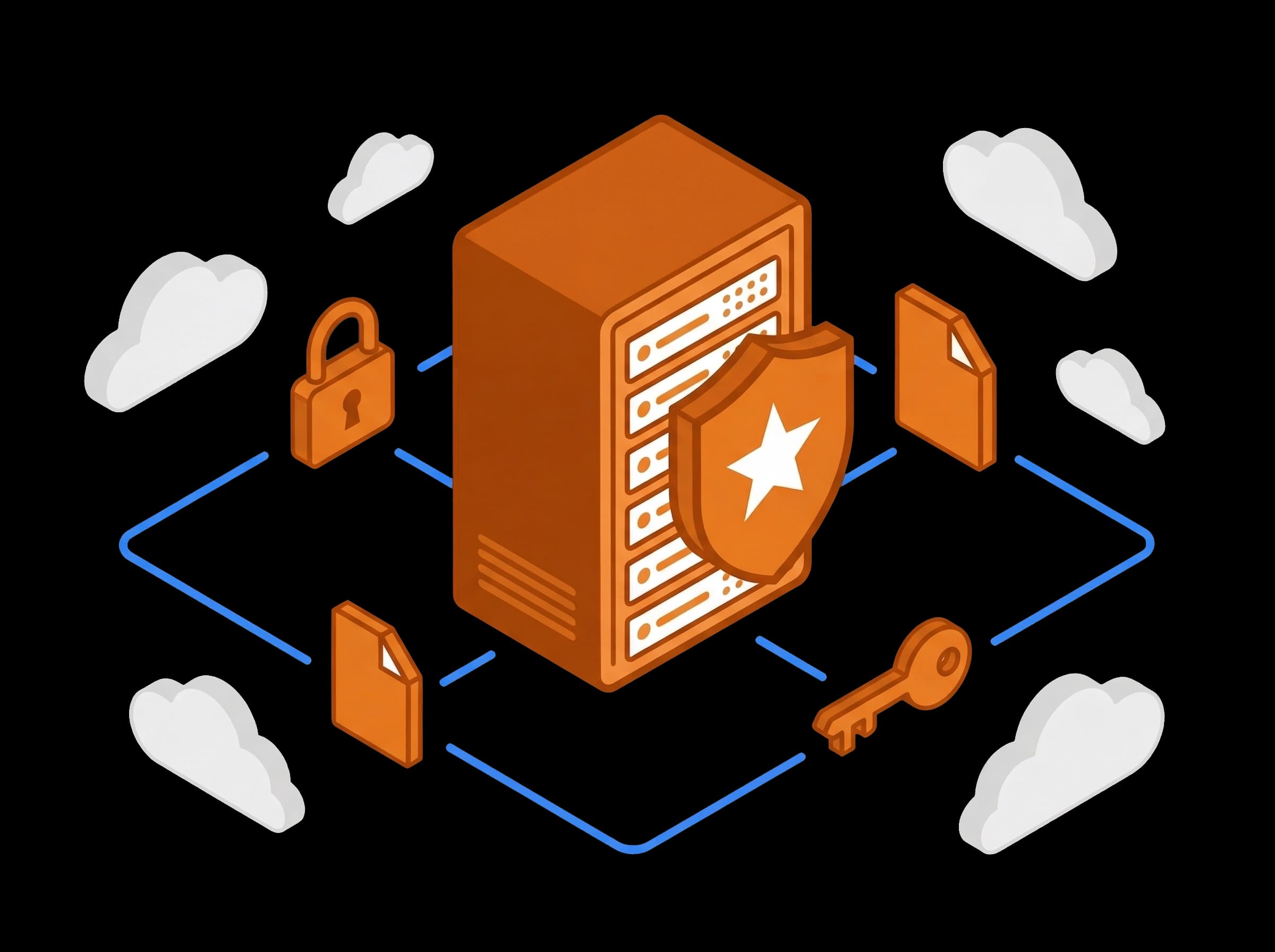 Vlakke vectorillustratie van een server met schildicoon voor data-eigendom en privacy